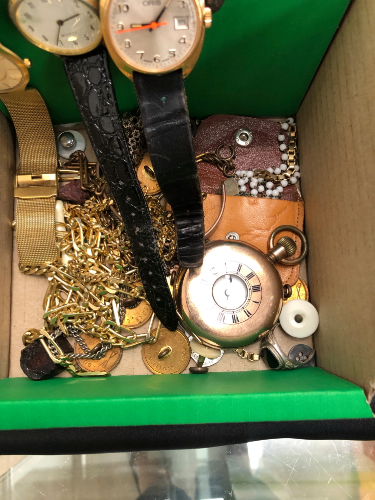 A ROLLED GOLD POCKET WATCH, GENTS WATCHES TO INCLUDE ORIS, AND SKAGEN VARIOUS GOLD PLATED CHAINS, - Image 3 of 3