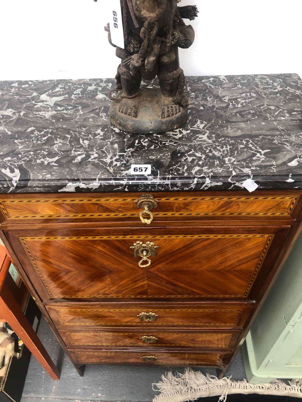 A 19th C. GREY MARBLE TOPPED BARBERS POLE LINE INLAID WALNUT SECRETAIRE A ABATTANT WITH A DRAWER - Image 2 of 3