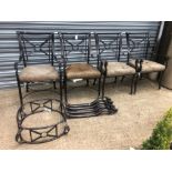 A SET OF FOUR IRON CONSERVATORY/PATIO ARMCHAIRS WITH MATCHING COFFEE TABLE BASE.