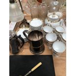 PARIS PORCELAIN TEA WARES, A TABLE LAMP, AN OLD SHEFFIELD PLATE PINT MUG, CASED TEA KNIVES, ETC.