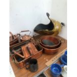 COPPER PLANTERS, JAM PANS, TWO KETTLES, A HOT WATER JUG AND A BRASS COAL SCUTTLE AND SHOVEL