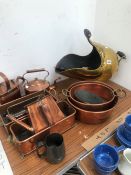 COPPER PLANTERS, JAM PANS, TWO KETTLES, A HOT WATER JUG AND A BRASS COAL SCUTTLE AND SHOVEL