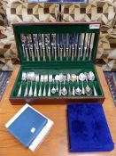A CANTEEN OF ELECTROPLATE CUTLERY, CASED TEA SPOONS AND CAKE FORKS TOGETHER WITH A CASED SET OF