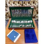 A CANTEEN OF ELECTROPLATE CUTLERY, CASED TEA SPOONS AND CAKE FORKS TOGETHER WITH A CASED SET OF