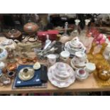 MISCELLANEOUS TEA WARES, A COPPER KETTLE ON STAND, ELECTROPLATE PHEASANTS AND CHICKENS, THREE