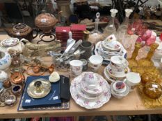 MISCELLANEOUS TEA WARES, A COPPER KETTLE ON STAND, ELECTROPLATE PHEASANTS AND CHICKENS, THREE