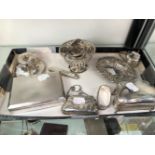 A HALLMARKED SILVER CAPSTAN INKWELL, A SMALL JEWELLERY CASKET, CIGARETTE BOX, FRUIT KNIFE ETC.