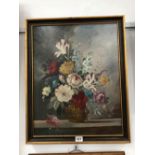 E. VANDERMAN (20th C.) DUTCH STYLE FLORAL STILL LIFE, SIGNED, OIL ON BOARD. 50 x 40cms