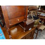 AN OAK SEWING TABLE, A MAHOGANY CASH TILL, A BRASS COAL SCUTTLE WITH IRON EMBER TONGS