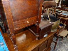 AN OAK SEWING TABLE, A MAHOGANY CASH TILL, A BRASS COAL SCUTTLE WITH IRON EMBER TONGS