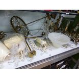 A QUANTITY OF VARIOUS VINTAGE AND LATER CHANDELIERS AND SCONCES.