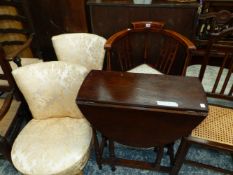 AN EDWARDIAN LINE INLAID MAHOGANY DESK CHAIR, AN OAK FLAP TOP TABLE TOGETHER WITH A PAIR OF