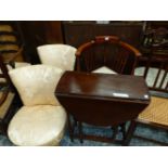 AN EDWARDIAN LINE INLAID MAHOGANY DESK CHAIR, AN OAK FLAP TOP TABLE TOGETHER WITH A PAIR OF