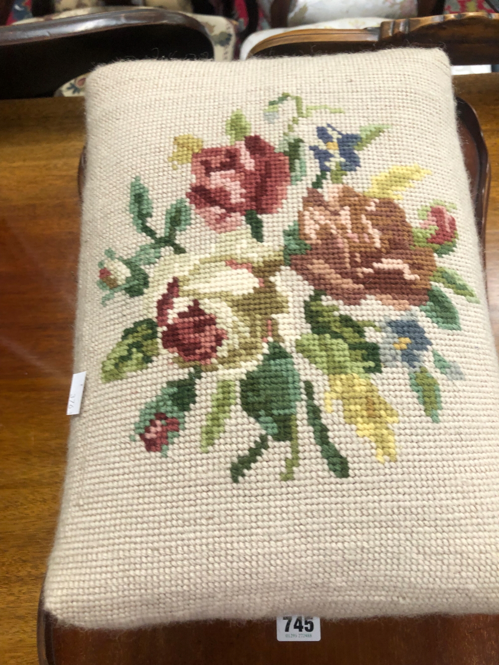 A FOOTSTOOL WITH A NEEDLE WORK SEAT TOGETHER WITH A TWO HANDLED MAHOGANY TRAY - Image 3 of 3