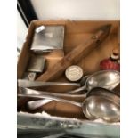 FOUR HALLMARKED SILVER GEORGIAN DESSERT SPOONS, A SILVER CIGARETTE BOX ETC.