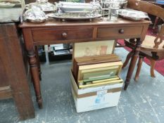 A 19th C. MAHOGANY WASH STAND WITH TWO DRAWERS ABOVE THE TURNED CYLINDRICAL LEGS TAPERING TO SPINDLE