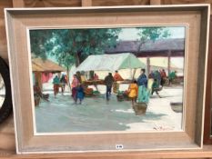 20th C. CONTINENTAL SCHOOL. MARKET DAY, SIGNED INDISTINCTLY, OIL ON CANVAS. 49 x 69cms