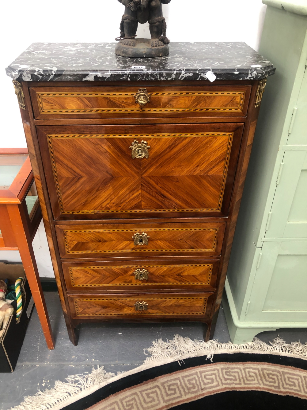 A 19th C. GREY MARBLE TOPPED BARBERS POLE LINE INLAID WALNUT SECRETAIRE A ABATTANT WITH A DRAWER