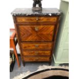 A 19th C. GREY MARBLE TOPPED BARBERS POLE LINE INLAID WALNUT SECRETAIRE A ABATTANT WITH A DRAWER