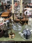 TWO PAIRS OF BRASS CANDLESTICKS, COSY WARE TEA AND COFFEE POTS, OTHER CERAMICS AND GLASS.