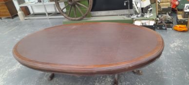 A 19th C. MAHOGANY OVAL TABLE WITH LEATHER INSET TOP AND ON TWO OCTAGONAL COLUMNS EACH WITH FOUR