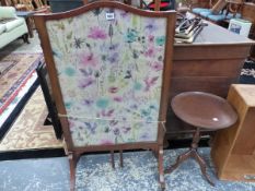 A MAHOGANY THREE FOLD FIRE SCREEN, A MAHOGANY TRIPOD WINE TABLE TOGETHER WITH AN ARMAND DE BRIGNAC