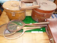 TWO ANTIQUE BADMINTON RACQUETS, TWO TENNIS RACQUETS, HAT BOXES ETC.