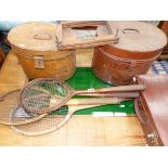 TWO ANTIQUE BADMINTON RACQUETS, TWO TENNIS RACQUETS, HAT BOXES ETC.