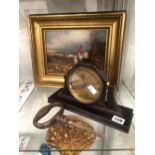 A BAKELITE CASED TABLE TOP ANEROID BAROMETER, A HUNTING PRINT AND A RING HANDLE