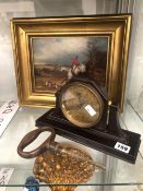 A BAKELITE CASED TABLE TOP ANEROID BAROMETER, A HUNTING PRINT AND A RING HANDLE