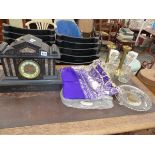 A SILK EMBROIDERED SHAWL, TWO DECANTERS, AND A PAIR OF CANDLESTICKS, TOGETHER WITH A VICTORIAN BLACK