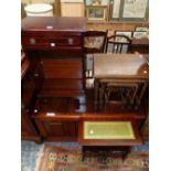 A NEST OF THREE OAK TABLES, A 20th C. COFFER, A MAHOGANY MAGAZINE RACK WITH LEATHER INSET TOP