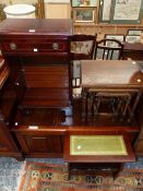 A NEST OF THREE OAK TABLES, A 20th C. COFFER, A MAHOGANY MAGAZINE RACK WITH LEATHER INSET TOP