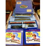 HORNBY DUBLO BOXED TRAIN SETS, AND TWO HORNBY BOOKS.