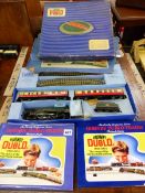 HORNBY DUBLO BOXED TRAIN SETS, AND TWO HORNBY BOOKS.