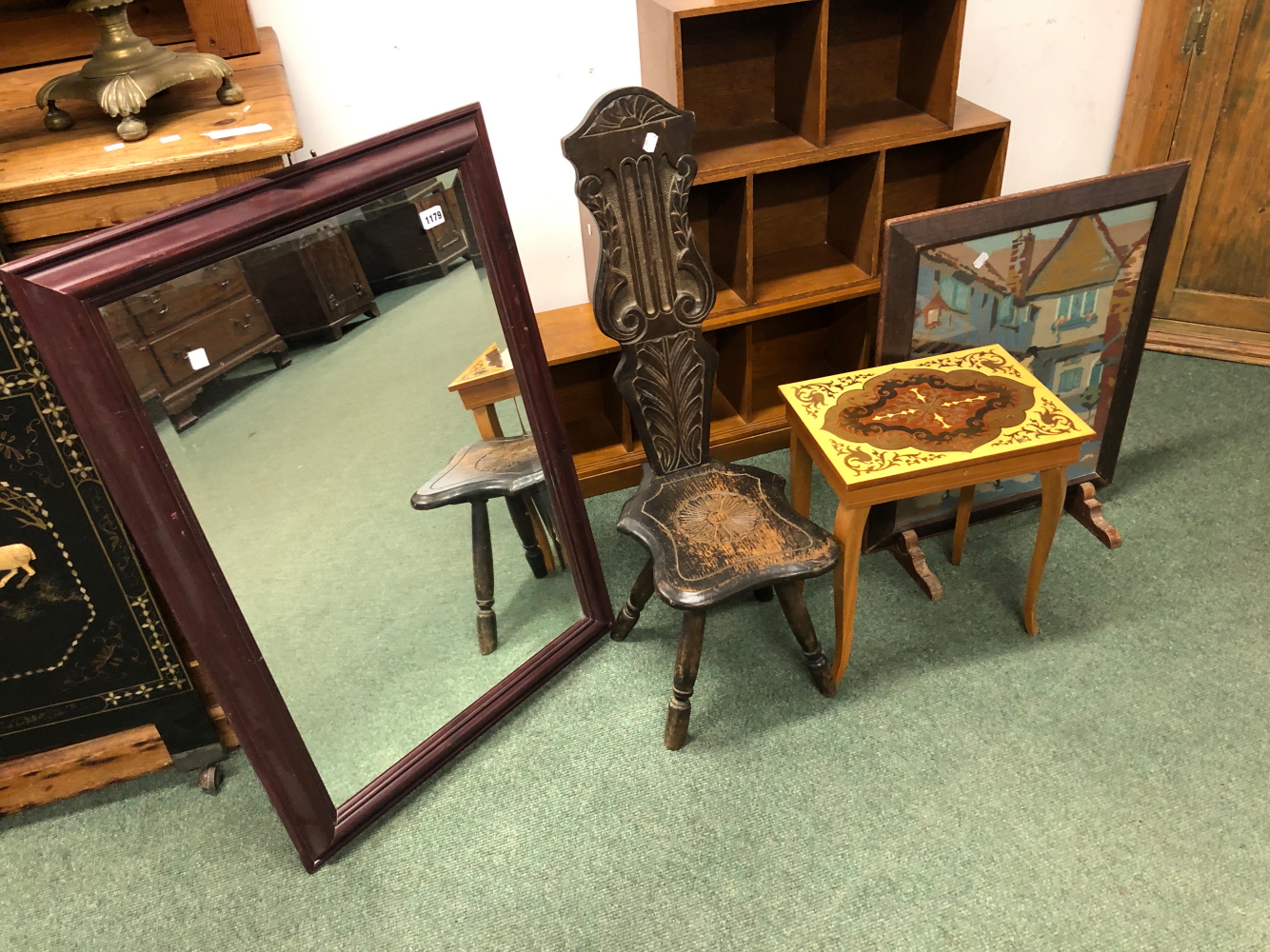 A VINTAGE OAK SPINNERS CHAIR, A MIRROR, A FIRE SCREEN AND AN OCCASIONAL TABLE. AND A GLOBE