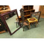 A VINTAGE OAK SPINNERS CHAIR, A MIRROR, A FIRE SCREEN AND AN OCCASIONAL TABLE. AND A GLOBE