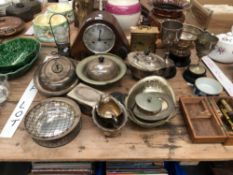 ELECTROPLATE TROPHIES AND OTHER WARES, TWO MANTEL CLOCKS AND A STUDENTS MICROSCOPE
