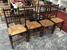 A SET OF LANCASHIRE SPINDLE BACK CHAIRS.