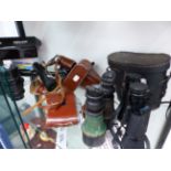 VARIOUS CAMERAS AND BINOCULARS TO INCLUDE ZENIT-B, PENTAX ON LENS, A VIVCAM 5190, A RUSSIAN SCOPE