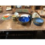 TWO DOULTON BOWLS, AND A VASE, A DECORATIVE GLASS PLATE AND VARIOUS TEA WARES.