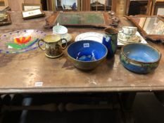 TWO DOULTON BOWLS, AND A VASE, A DECORATIVE GLASS PLATE AND VARIOUS TEA WARES.