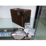 ENSIGN- RAPID BOX CAMERA TOGETHER WITH A ZIPPO AND ONE OTHER LIGHTER AND A EMBROIDERED BADGE.
