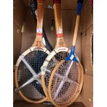 A ARNOLD PALMER PRO SHOT GOLF BY MARX IN BOX, AND FOUR TENNIS RACKETS.