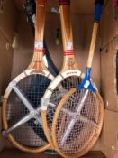 A ARNOLD PALMER PRO SHOT GOLF BY MARX IN BOX, AND FOUR TENNIS RACKETS.