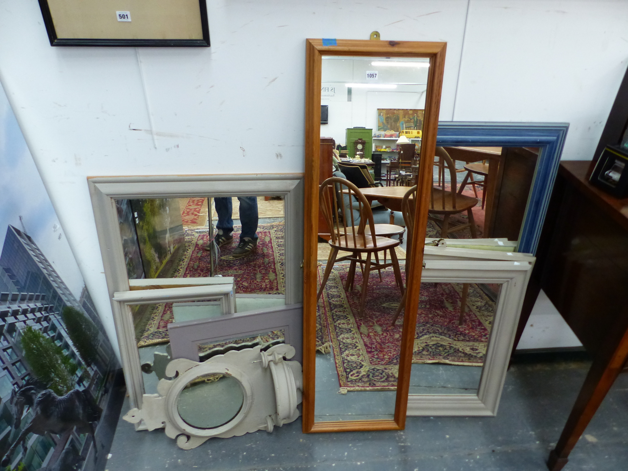 A COLLECTION OF VARIOUS PINE FRAMED MIRRORS, SOME WITH PAINTED DECORATION. SIZES VARY