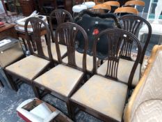 A SET OF SIX LATE 19th C. MAHOGANY HOOP BACKED DINING CHAIRS, THE SPLAT TOPS CARVED WITH WHEAT EARS,