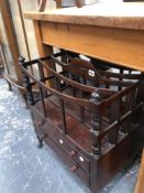A VICTORIAN TWO DRAWER CANTERBURY BRASS CASTORS