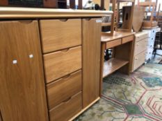 A GROUP OF CONTEMPORARY FURNITURE INCLUDING ELM TABLES AND CABINETS,A LUCITE FOUR DRAWER CHEST ETC.