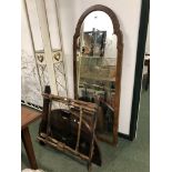 AN ANTIQUE WALNUT PIER MIRROR TWO PART BEVEL PLATE. H 164 W 66cms, TOGETHER WITH A EMPTY CANTEEN BOX